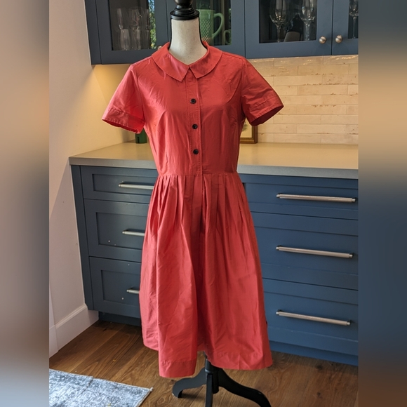 Teri Jon Silk Shirtdress in Coral Red with Onyx Buttons - Picture 2 of 11